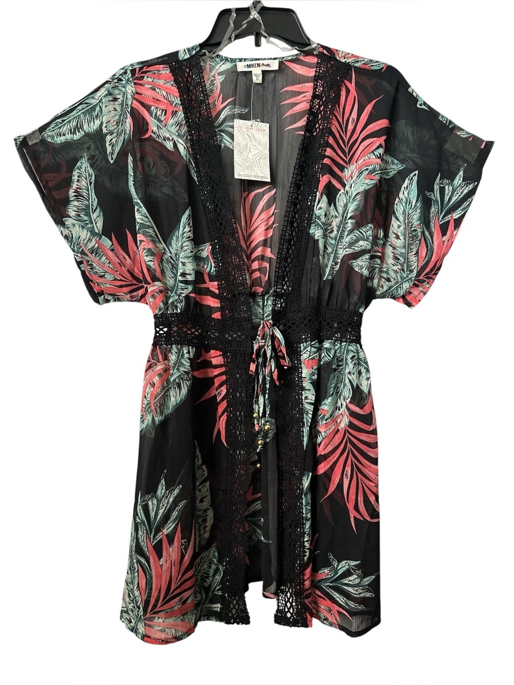 MIKEN SWIM Black Sheer Tropical Print Swim Cover Up Summer Kimono